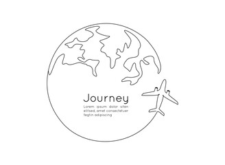 One continuous line drawing of Earth globe with airplane. Flight route path on world map in simple linear style. Travel and flight airline symbol concept. Doodle vector illustration