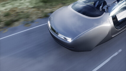 Obraz na płótnie Canvas Futuristicflying car very fast driving on highway. Futuristic city concept. 3d rendering.