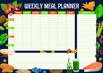 Weekly meal planner, superfoods nutrition food plan schedule, vector eating organizer. Weekly meal and diet menu plan with week shopping list for salmon, spirulina and chia with nuts or blueberry