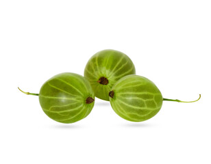 Green ripe gooseberries with tails isolated on white background, close-up