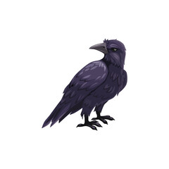 Black crow Halloween creepy character, raven bird, cartoon vector mascot with dark feathers, sharp claws and closed beak. Single blackcrow wild fauna, symbol of death, evil, witchcraft and shamanism