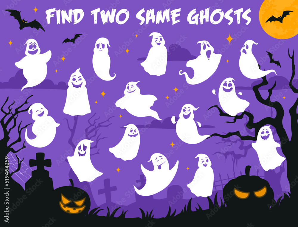 Poster find two same halloween ghosts on cemetery, vector game worksheet. kids logic puzzle brainteaser or 