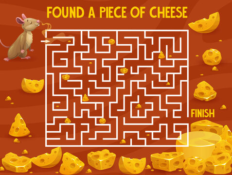 Cartoon mouse and cheese, labyrinth maze game to find way or escape, vector tabletop worksheet. Kids labyrinth maze puzzle to help mouse to find way to cheese food, lumps of edam or emmental head