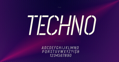 Techno font trendy typography. Modern typeface poster, decoration, animation, t shirt, racing, game, promotion, banner, printing on fabric. Cool font. Vector 10 eps