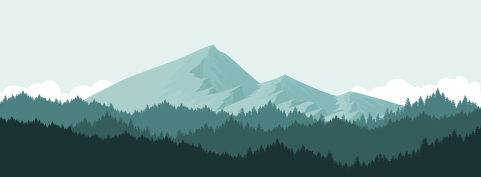 Mountain landscape vector with pine forest.