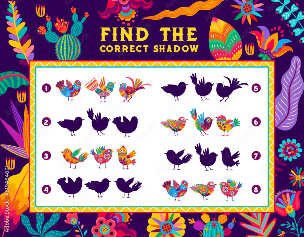 Poster find the correct shadow kids riddle game worksheet with mexican alebrije birds. child logical riddle