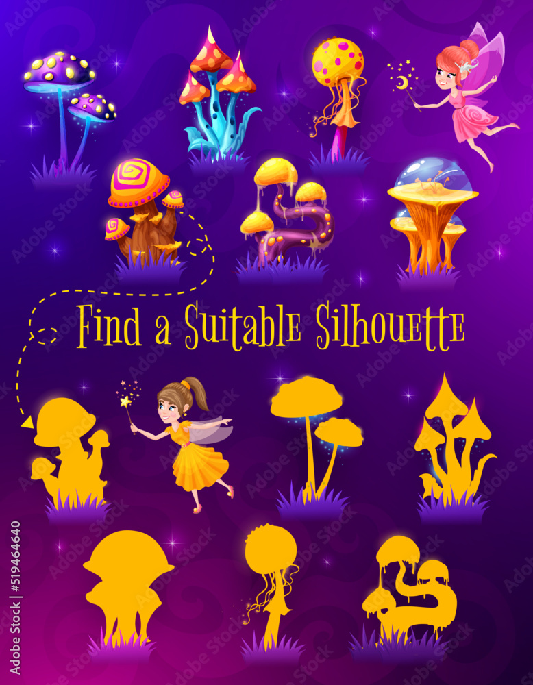 Poster find a silhouette of magic luminous mushroom on kids game worksheet. silhouette compare intelligence