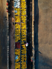 aerial view of suspended terraces for drying coffee beans, used in research to improve the quality and flavor of the beverage, on a farm in Brazil