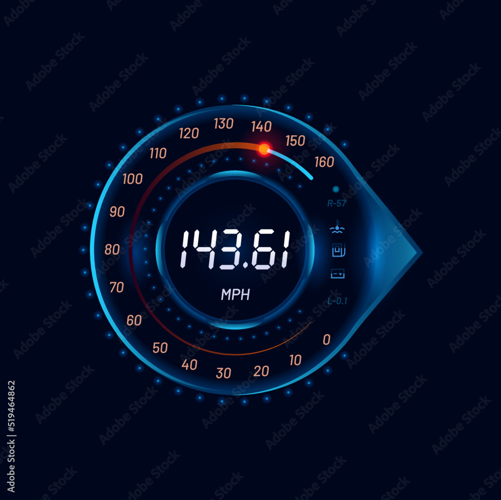 Poster Futuristic car speedometer digital gauge dial. Auto speedometer neon vector gauge, vehicle speed meter circle scale or tachometer futuristic neon display with MPH info and engine servicing icons