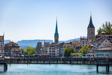 Fototapeta premium Beautiful bridges over River Limmat in Zurich - travel photography