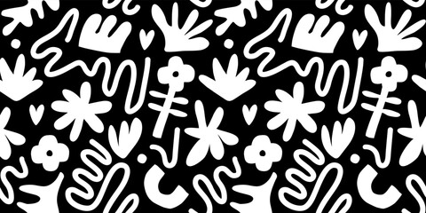 Contemporary art collage with abstract shapes and flowers. Vector seamless pattern with Scandinavian cut out elements.