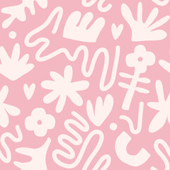 Contemporary art collage with abstract shapes and flowers. Vector seamless pattern with Scandinavian cut out elements.