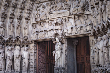 Notre Dame of Paris last judgment ornate facade details, France