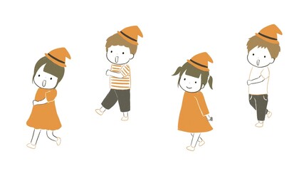 ハロウィンの衣装を着て歩く笑顔の子どもたち