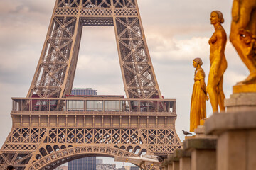 Eiffel tower from Trocadero with golden statues, Paris, France