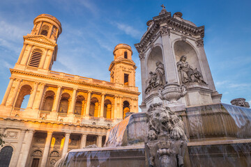 Church of Saint-Sulpice and fountain at sunset, Paris, France