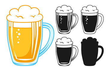 Beer mugs retro sign set. Glass golden light alcohol lager ale. Brewery, pub beer festival, vintage Oktoberfest engraving. Design icon or silhouette, doodle symbol mug bar menu, invitation party