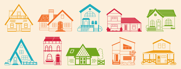 House front flat line doodle set. Colorful facade village or urban, small and tiny houses. Contour modern or vintage cozy buildings symbol. Residential homestead, cottage or villa facades apartment