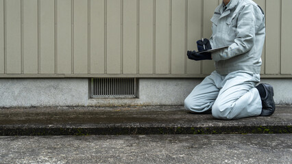 日本家屋｜床下換気口の調査をする作業員