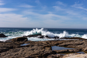 A view on Pacific ocean coast with rocks and waves