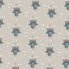 Drawing of adventurous cat pattern illustration character design in winter. Doodle cartoon style.