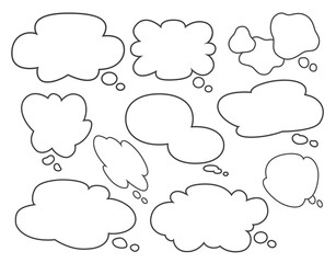 シンプルな手書きの吹き出しセット - 主線あり、雲形、モノローグ、思っていること