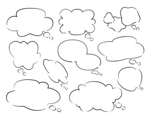 シンプルな手書きの吹き出しセット - 主線あり、雲形、モノローグ、思っていること