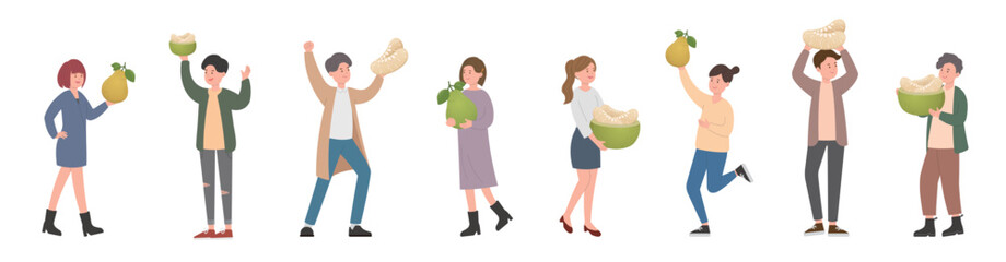 Happy stylish men and women celebrating mid-autumn festival with delicious pomelo, autumn fruits