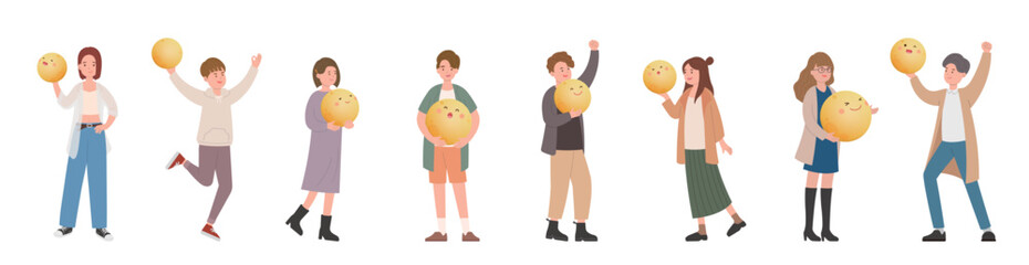 Happy stylish men and women celebrating mid autumn festival with cute playful moon mascot cartoon characters