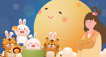 Asian festivals: Mid-autumn festival, poster of beautiful fairy with rabbit and tiger with full moon and moon cake