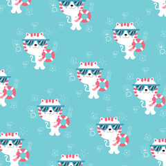 Pattern Vector illustration of cute white cat doodle with swimming ring