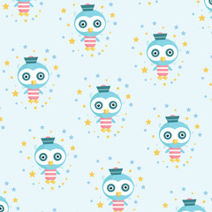 Seamless pattern, cute penguin character vector background on light blue background