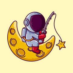 Cute Astronaut Fishing on The Moon Cartoon Vector Illustration. Cartoon Style Icon or Mascot Character Vector.