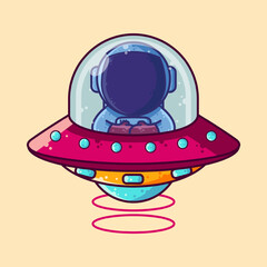 Cute Astronaut Riding UFO Spaceship Cartoon Vector Illustration. Cartoon Style Icon or Mascot Character Vector.