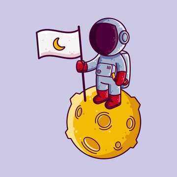Cute Astronaut Landing on The Moon Cartoon Vector Illustration. Cartoon Style Icon or Mascot Character Vector.