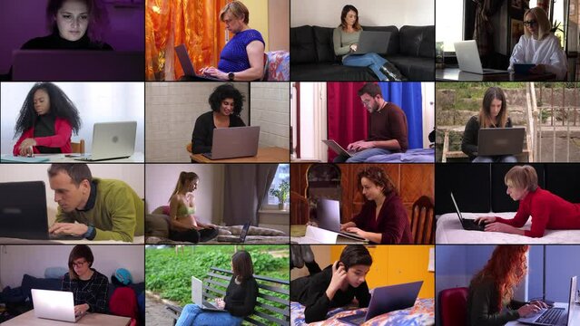 Collage of photos with different people using laptop