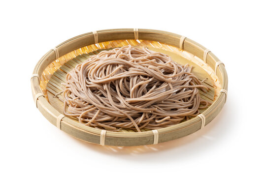 Zaru soba (buckwheat noodles) placed on a white background