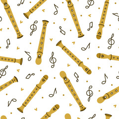 Flute seamless vector pattern. Hand drawn wooden, bamboo block flute. Bright pipes, notes isolated on white. Musical instrument for classical, folk melodies. Flat cartoon background for web, print © shamanistik_art