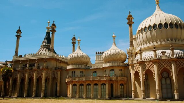 Establishing view of the stunning Royal Pavilion, also known as the Brighton Pavilion, a former royal residence completed in 1823