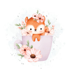 Watercolor Illustration Cute baby squirrel in cup of flowers  © Stella