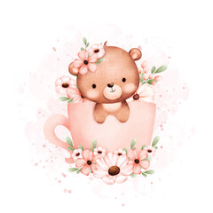 Watercolor Illustration Cute baby bear in cup of flowers 