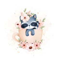 Watercolor Illustration Cute baby raccoon in cup of flowers  © Stella