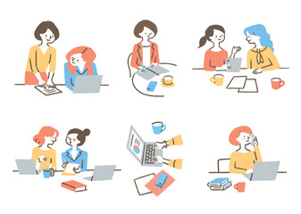 机で仕事をしている女性たち_セット_色