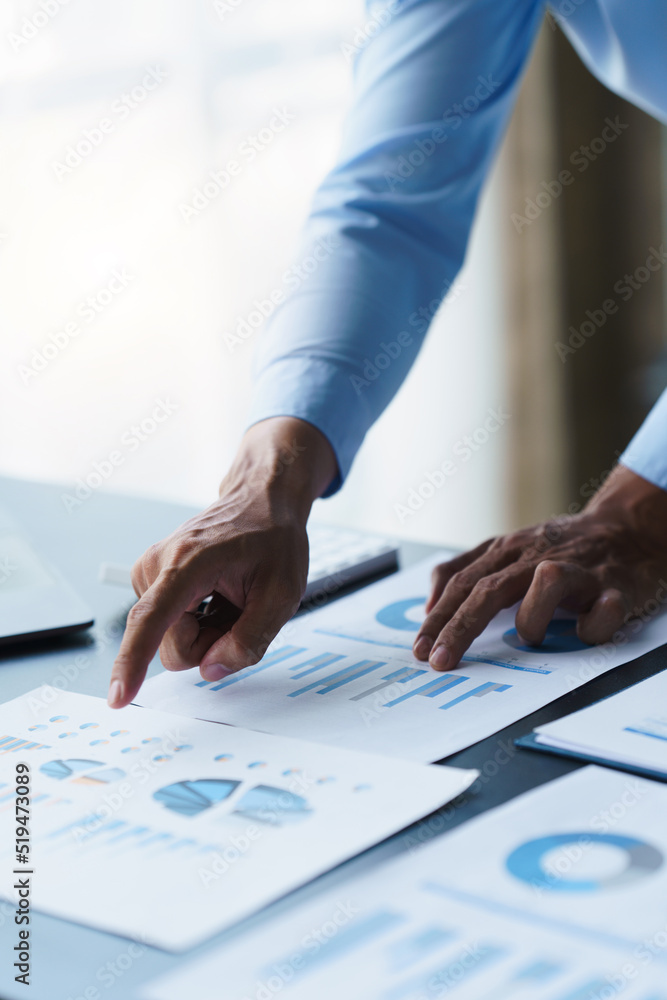 Poster businessman analysis maketing plan, accountant calculate financial report, computer with graph chart
