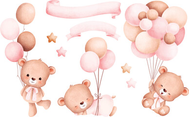 Watercolor Illustration set of baby bear and balloons