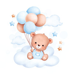 Watercolor Illustration Cute baby bear and balloons sitting on cloud - obrazy, fototapety, plakaty