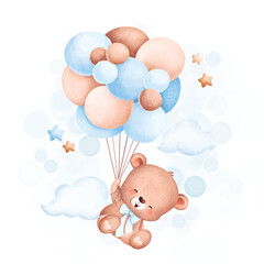 Naklejka premium Watercolor Illustration Cute baby bear flying with balloons