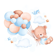 Watercolor Illustration Cute baby bear flying with balloons