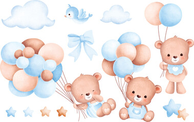 Watercolor Illustration set of baby bear and balloons - obrazy, fototapety, plakaty