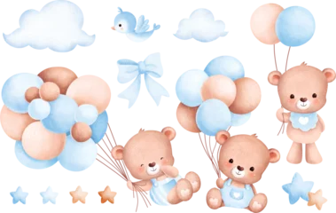 Fototapeten Watercolor Illustration set of baby bear and balloons © Stella